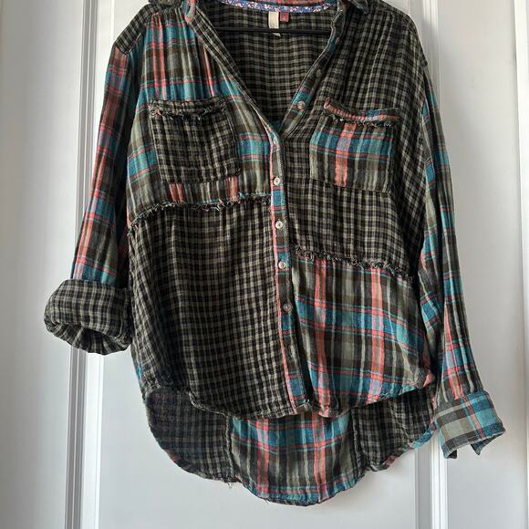 Anthropologie Pilcro Shirt Green Plaid Patchwork Button Up Long Sleeve - Small - Picture 2 of 5